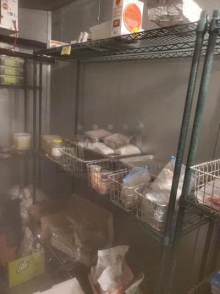 3-Tier wire shelving unit, metal construction, black finish, adjustable shelves, used condition. Contents not included.