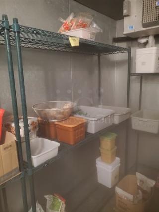 3-Tier Wire Shelving Unit, metal construction, green finish, adjustable shelves, sturdy condition. Contents not included.