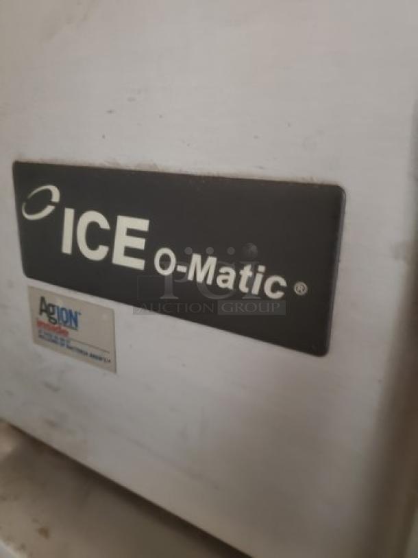 Ice-O-Matic ICE0320HA2 ice machine with bin, air-cooled, 334 lbs production. Features visible brand label.