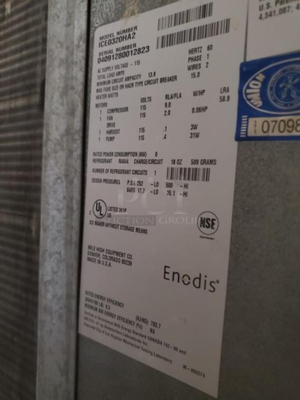 Ice-O-Matic ICE0320HA2 ice machine label showing model details, air-cooled, 334 lbs. production, UL and NSF certified.
