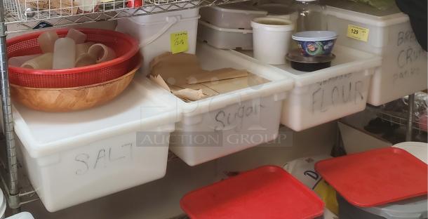 Lot of 4 white food storage bins labeled for salt, sugar, flour, and breadcrumbs. Contents not included.