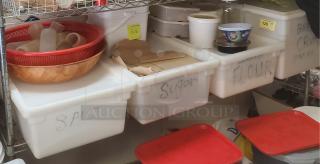 Lot of 4 white food storage bins labeled for salt, sugar, flour, and breadcrumbs. Contents not included.