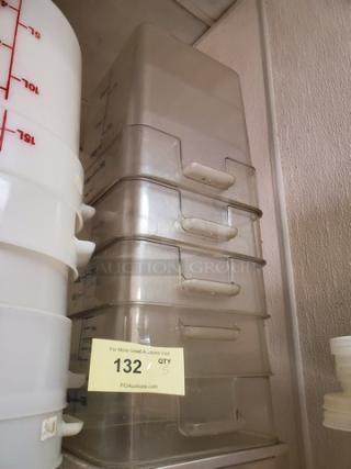 Lot of 5 food storage containers, clear plastic, stackable, three with handles. Ideal for kitchens. Auction No. 132.
