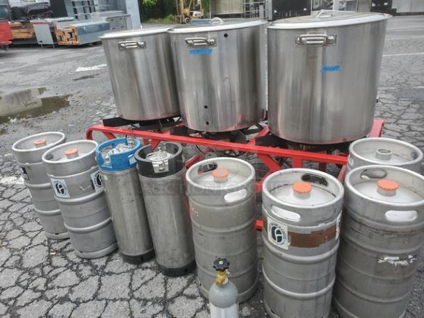 The Alpha Ruby 1 Barrel Brew System, gas/propane compatible, includes 8 kegs. Stainless steel tanks, red frame. Pick up only.
