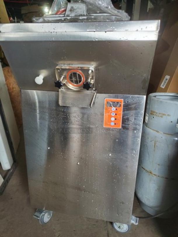 Kolice ICM 200P ice cream machine, stainless steel, on wheels. Visible control panel with buttons, good condition.