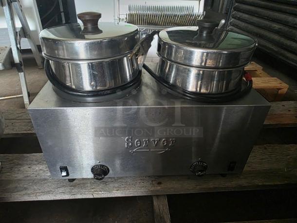 4-quart Server Twin Food and Soup Warmer, stainless steel, dual knobs for heat control, slight wear visible.