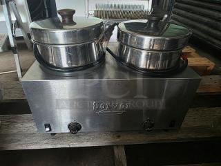 4-quart Server Twin Food and Soup Warmer, stainless steel, dual knobs for heat control, slight wear visible.