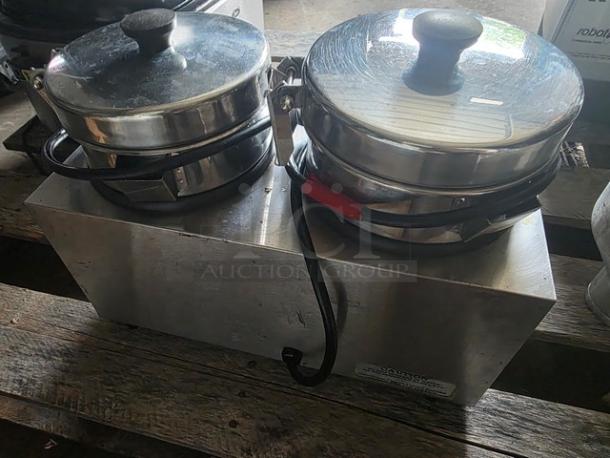 4-quart Twin Food and Soup Server Warmer by Server, stainless steel, dual lids, used condition, power cord attached.