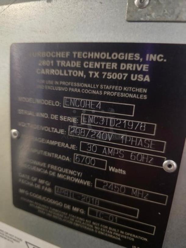 Turbochef ENCORE4 ventless rapid cook oven label showing model, voltage (208/240V), 30 amps, 60Hz, 6700 watts.
