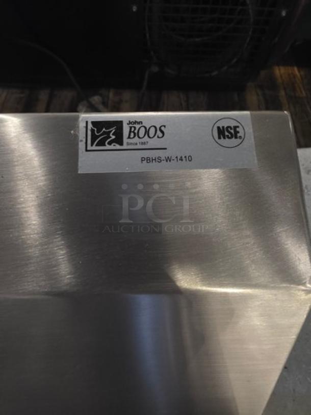 John Boos PBHS-W-1410 14" wall mount hand sink, stainless steel, NSF certified, brand label visible.
