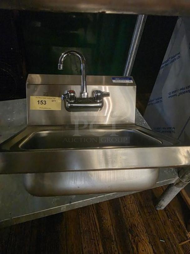 BK Resources stainless steel hand sink with faucet, model BKHS-W-1410. Features 2 holes, 1-7/8" drain, 14"x10"x5".