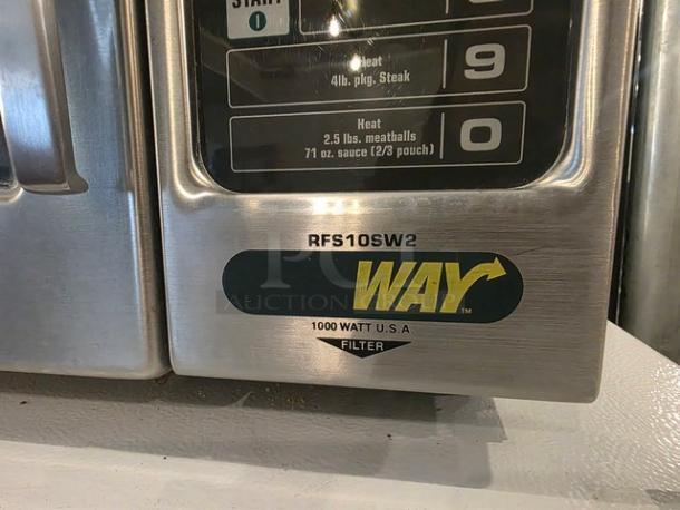 Amana Menumaster RFS10SW2 commercial microwave oven, 1000 watt, stainless steel, visible model and branding, good condition.