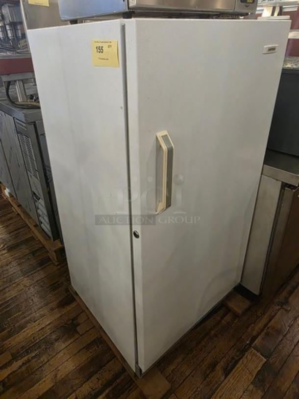 Tappan Upright Freezer, Model TFU12M4EW0, white finish, single door with handle, fair condition, auction tag visible.