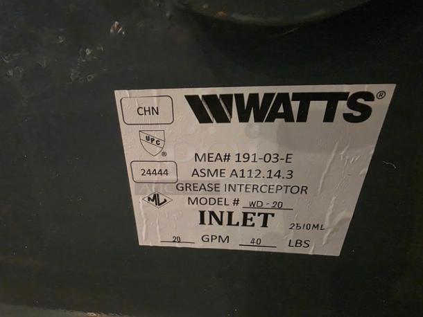 Watts WD-20 Grease Interceptor, model WD-20, 40 lb. capacity. Label indicates ASME A112.14.3 standard compliance.