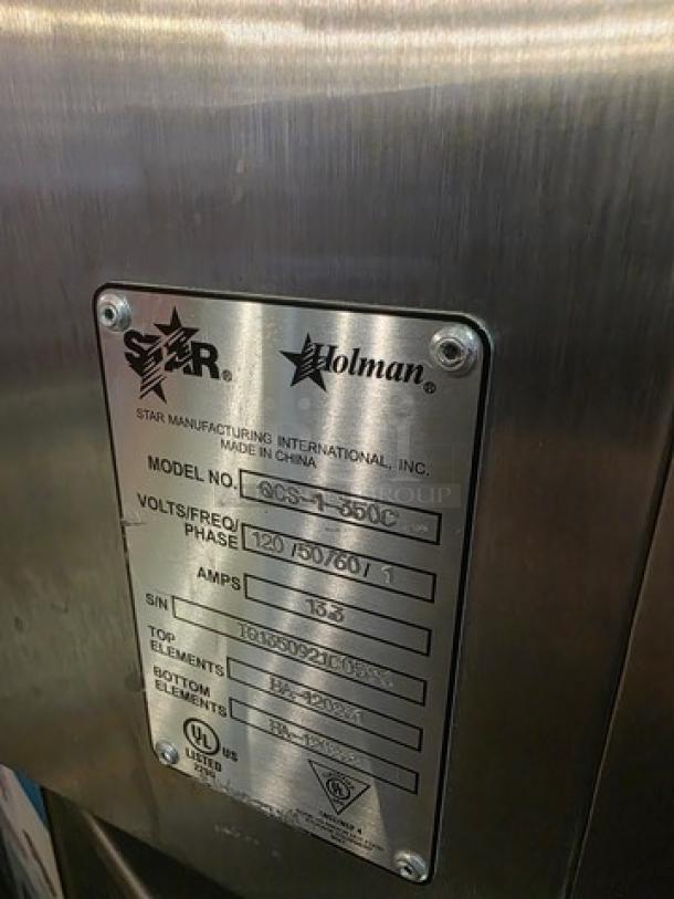 Alt text: Star QCS-1-350C Compact Conveyor Toaster label showing model, voltage, and certification details.