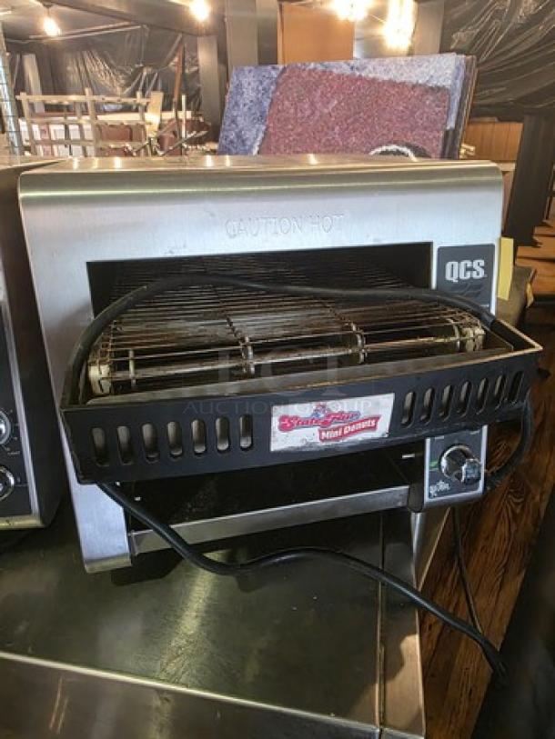 Star QCS-1-350C Compact Conveyor Toaster, stainless steel, visible controls, "Caution Hot" label, used condition.
