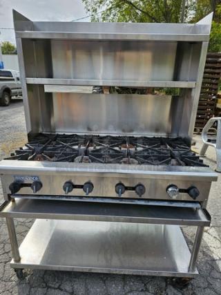 Radiance 48" countertop 8-burner gas commercial hotplate with stand, stainless steel, excellent condition, visible control knobs.