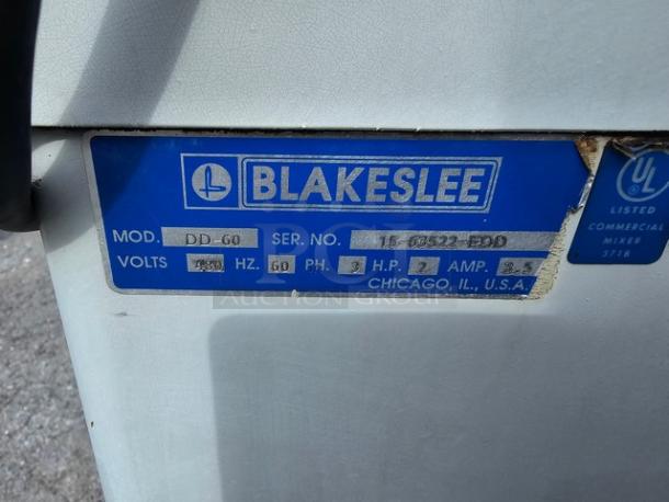 Blakeslee DD-60, 60 Quart Floor Planetary Mixer label showing model, serial number, voltage, and motor specifications.