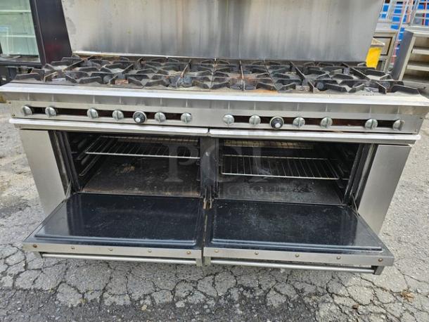 Dynamic Cooking Systems 72-12-2 natural gas 12 burner range with 2 oven bases, in used condition, visible wear on surfaces.