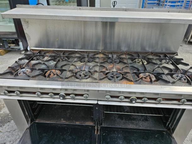 Dynamic Cooking Systems natural gas 12-burner range with 2 oven bases, Model 72-12-2, stainless steel, used condition.