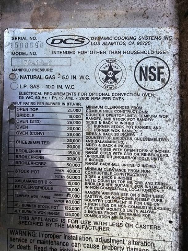 Dynamic Cooking Systems Natural Gas Range 72-12-2 tag, NSF certified, 12 burners, 2 ovens, commercial use only.