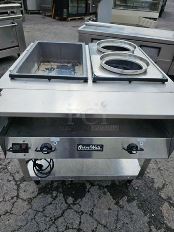 Vollrath 38116 ServeWell Electric Two Pan Hot Food Table, 208/240V, stainless steel, dual controls, used condition.