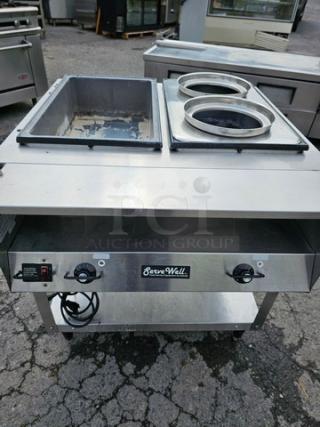 Vollrath 38116 ServeWell Electric Two Pan Hot Food Table, 208/240V, stainless steel, dual controls, used condition.