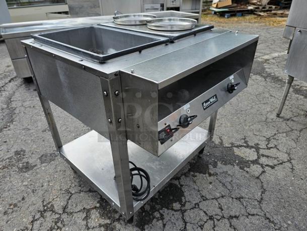 Vollrath 38116 ServeWell Electric Two Pan Hot Food Table, stainless steel, 208/240V, adjustable controls, used condition.