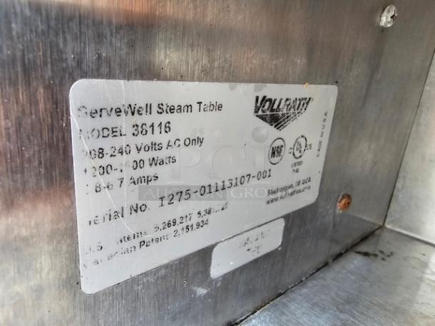 Vollrath 38116 ServeWell Electric Two Pan Hot Food Table label; 208/240V, 3000W, 6.7 Amps, NSF certified.