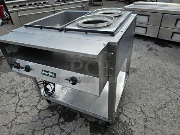 Vollrath 38116 ServeWell Electric Two Pan Hot Food Table, stainless steel, 208/240V, dual controls, open shelf, used condition.