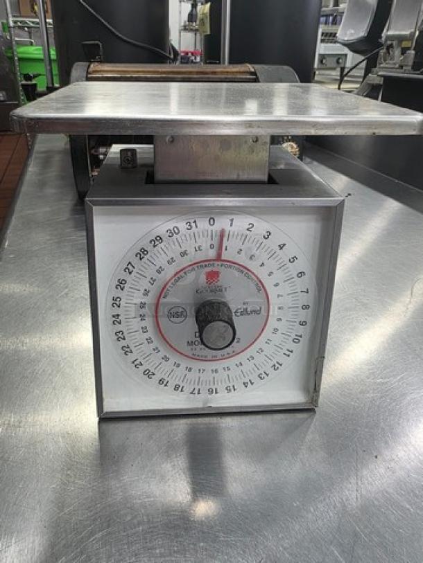 Edlund DR-2 Deluxe Dial Portion Scale, stainless steel, clear dial with red pointer, good condition, NSF certification visible.