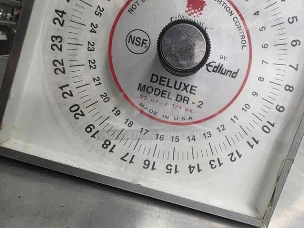 Edlund DR-2 Deluxe Dial Portion Scale, NSF certified, 32 oz x 1/4 oz, made in USA, clearly marked, well-maintained condition.