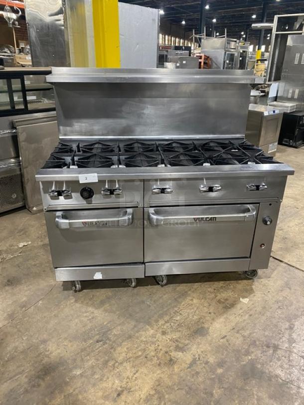 Vulcan 10-burner range/double oven combo, stainless steel, model 60SS-10BN, with backsplash, salamander shelf, on casters.