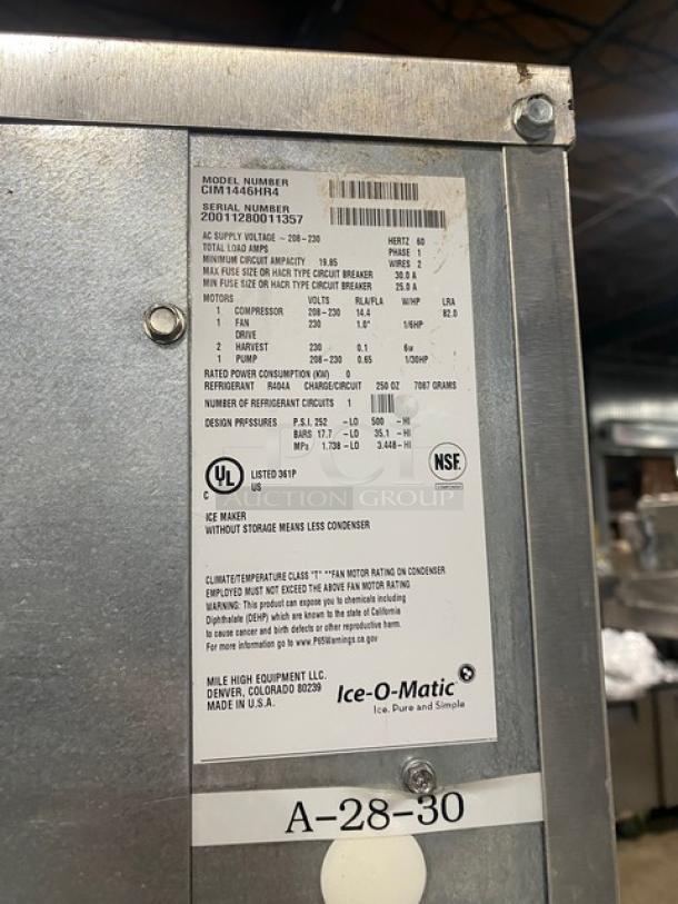 Ice-O-Matic stainless steel ice making machine with remote condensing unit, model CIM1446HR4/VRC2061B1, serial numbers visible.