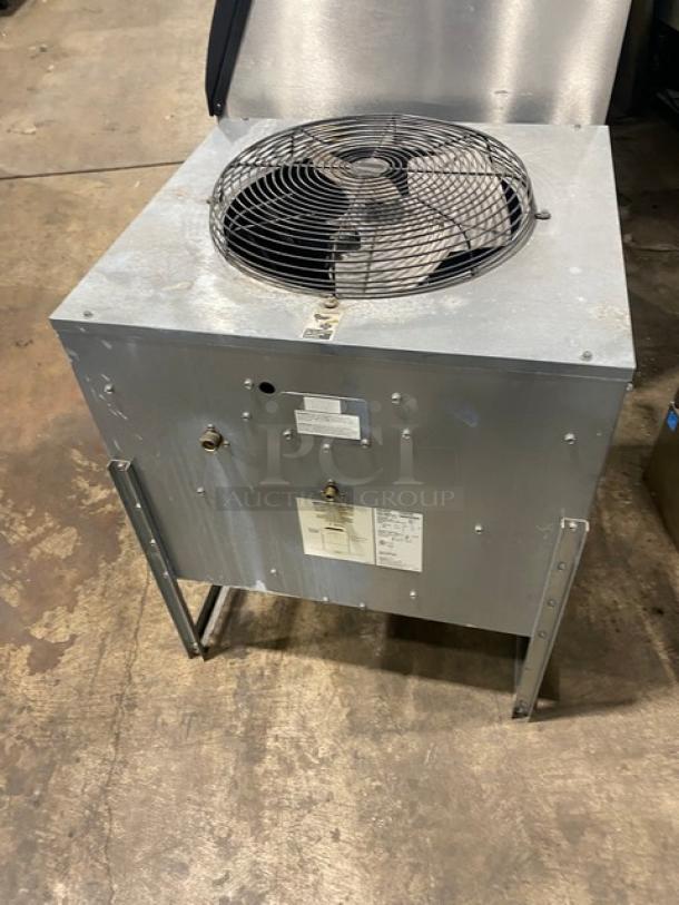 Ice-O-Matic ice machine head/bin combo, stainless steel, remote condensing unit, model CIM1446HR4, on legs, industrial use.