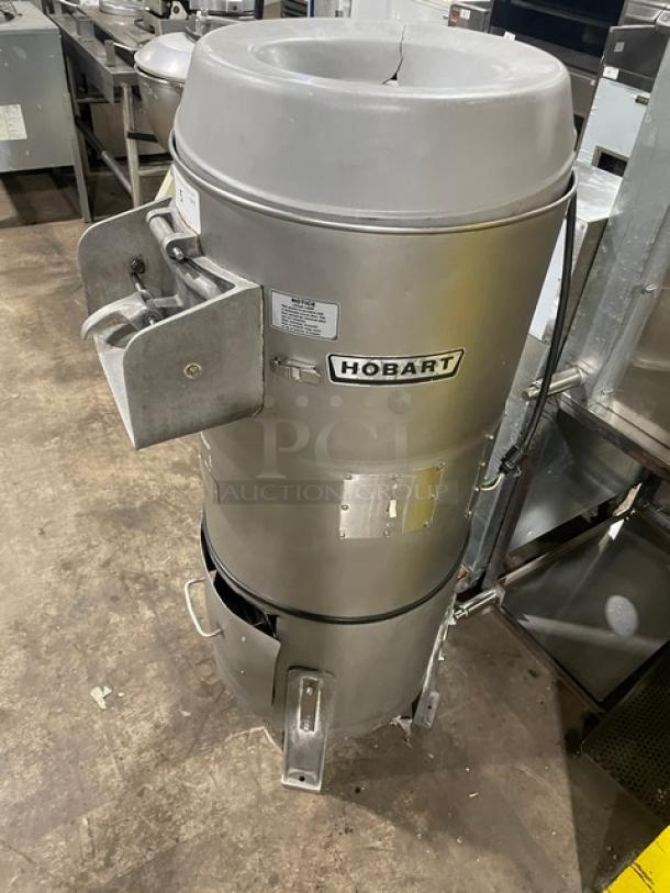Hobart 6460C commercial electric potato peeler, 60 lb capacity, on stand, 115V 1 Phase, stainless steel, with visible Hobart logo.