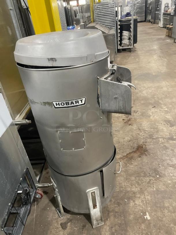 Hobart 6460C commercial potato peeler, 60 lb capacity, electric-powered, on stand, 115V, used, working condition.