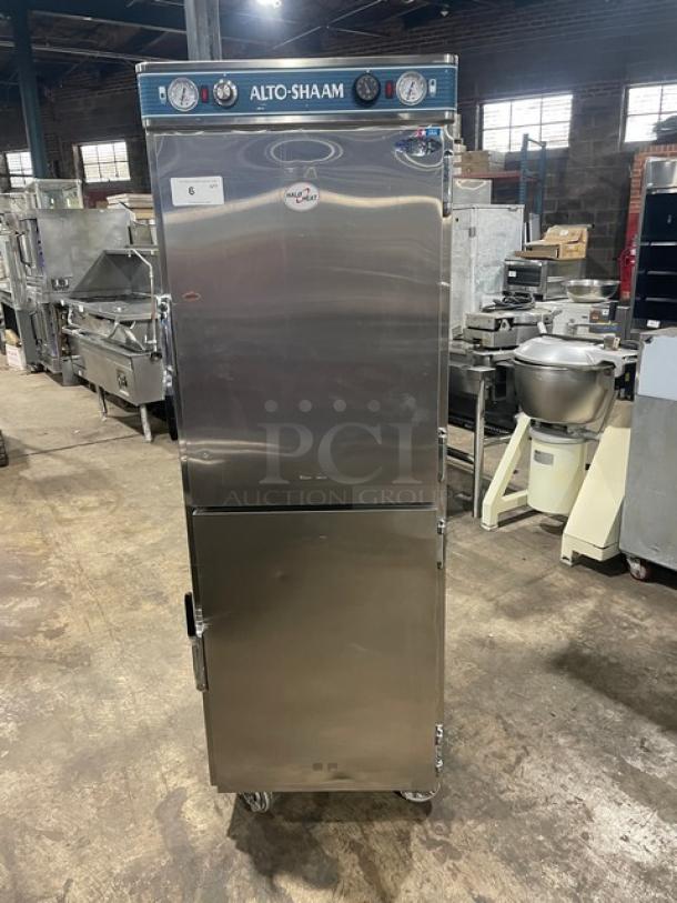 Alto-Shaam Halo Heat 1200UPSR stainless steel heated holding/proofing cabinet with Dutch doors, chrome racks, on casters.