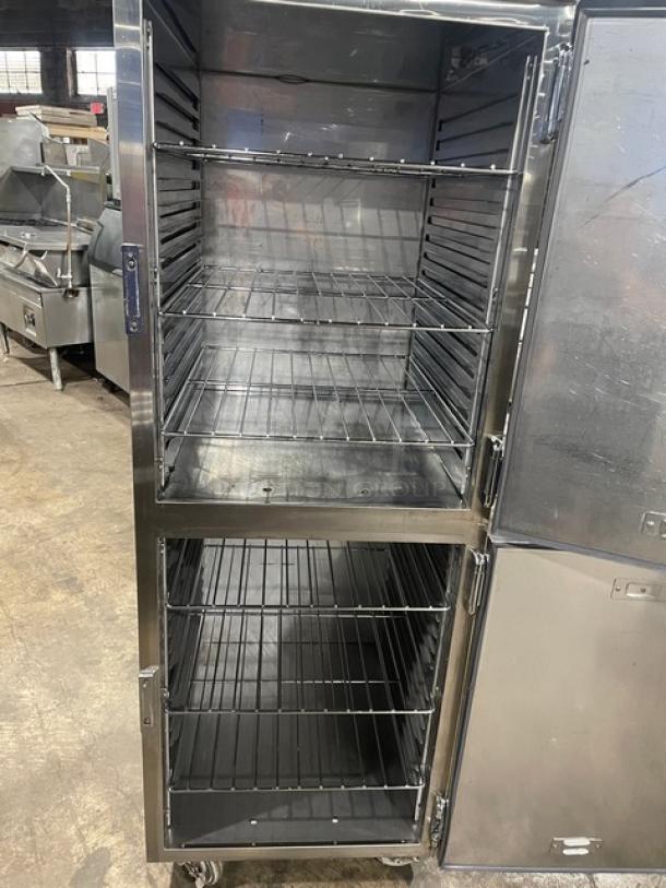 Alto-Shaam Halo Heat commercial stainless steel cabinet with Dutch doors, chrome racks, dual controls, model 1200-UP/SR, on casters.