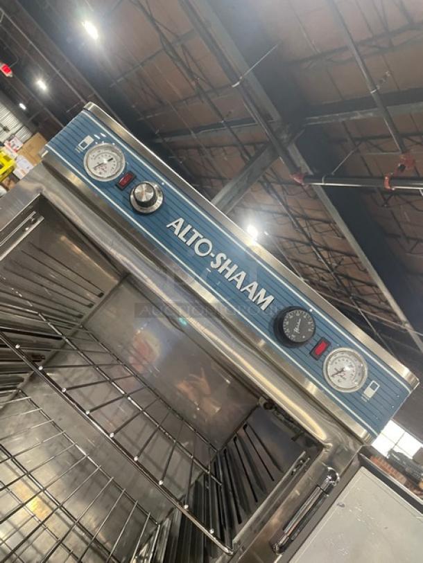 Alto-Shaam Halo Heat Series stainless steel heated holding/proofing cabinet with Dutch door, chrome wire racks, model 1200UPSR.