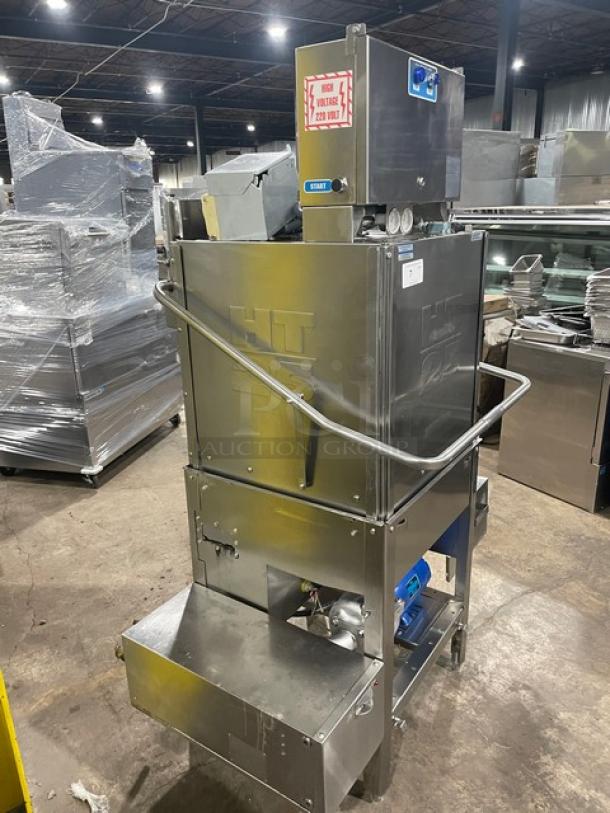 American Dish Service stainless steel commercial dishwashing machine, Model HT25, with liquid detergent dispenser, on legs, 208V 3 phase.