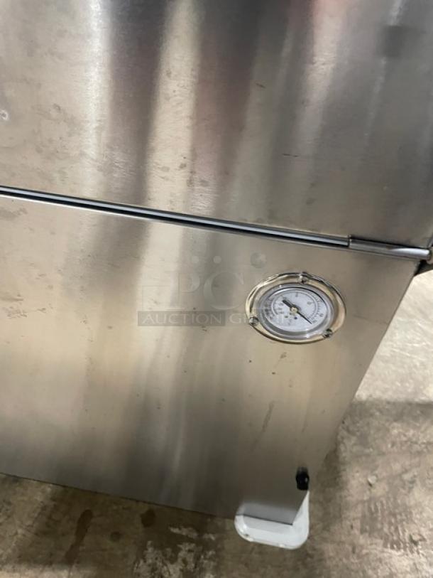 Beverage-Air SM49HCS105 stainless steel milk cooler with thermometer, on casters, Energy Star certified, good condition.