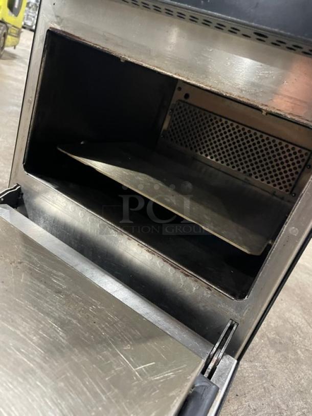 MerryChef Eikon E2S commercial high-speed oven, black, electric, countertop model, open interior, Model SN: 2109213091702.