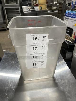Cambro Commercial Clear 22 Qt. Food Storage Container, square shape, large capacity, clear plastic, with measurement markings.
