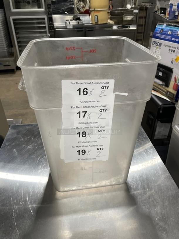 Cambro clear 22 qt. food storage container, commercial grade, light wear, measurement markings visible, auction labels shown.