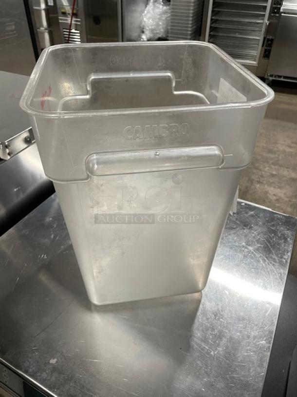 Cambro clear 22 qt. food storage container, durable polycarbonate, embossed logo, stackable design, gently used condition.