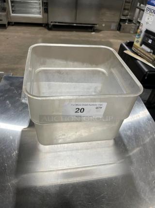 Cambro clear square food storage container, commercial-grade, moderate wear. Visible label indicates quantity.