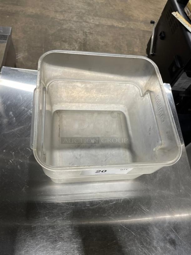 Cambro Commercial Clear Square Food Storage Container, durable plastic, used condition, 20 quart capacity, marked with "Cambro."