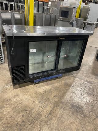 True Commercial Black Double Glass Sliding Door Back Bar Refrigerator! With Stainless Steel Worktop! Model: TBB-60G-SD SN: 7204337! 115V 1 Phase! - Item #1207708