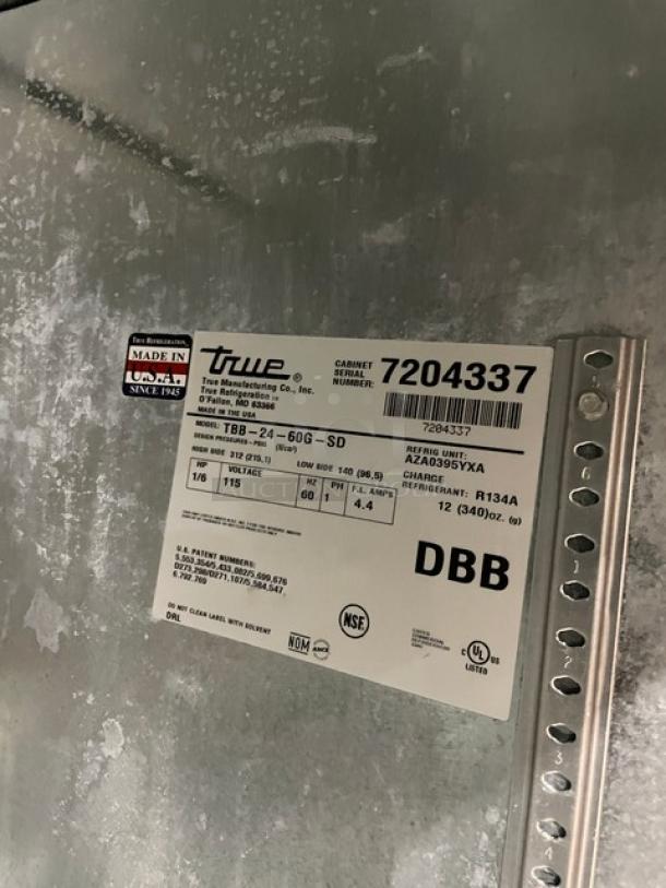 True TBB-60G-SD bar refrigerator label with serial number 7204337, 115V, 1 phase, and made in USA sticker.